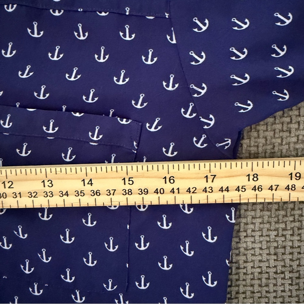 Nautical Anchor Print Blouse S Express Long Sleeve Button Down Navy Coastal Blue - Picture 6 of 10